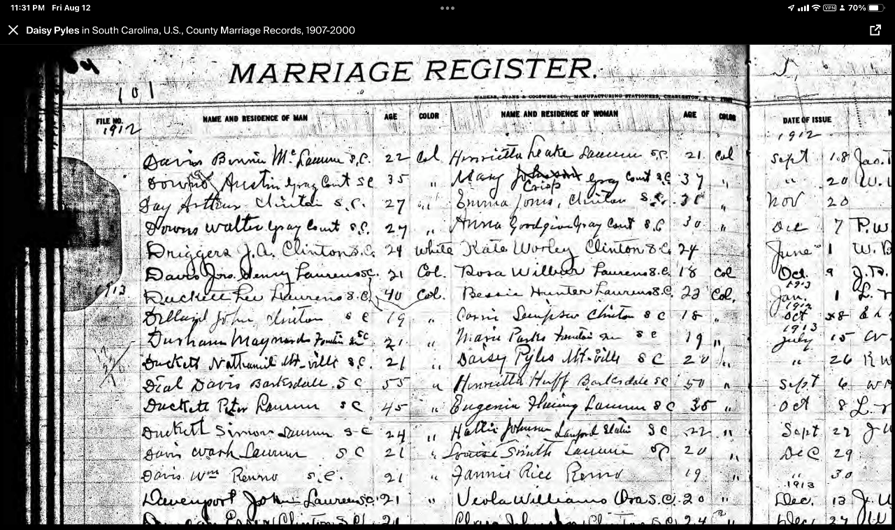 1912 Marriage Certificate of Nathaniel DUCKETT and Daisy PYLES