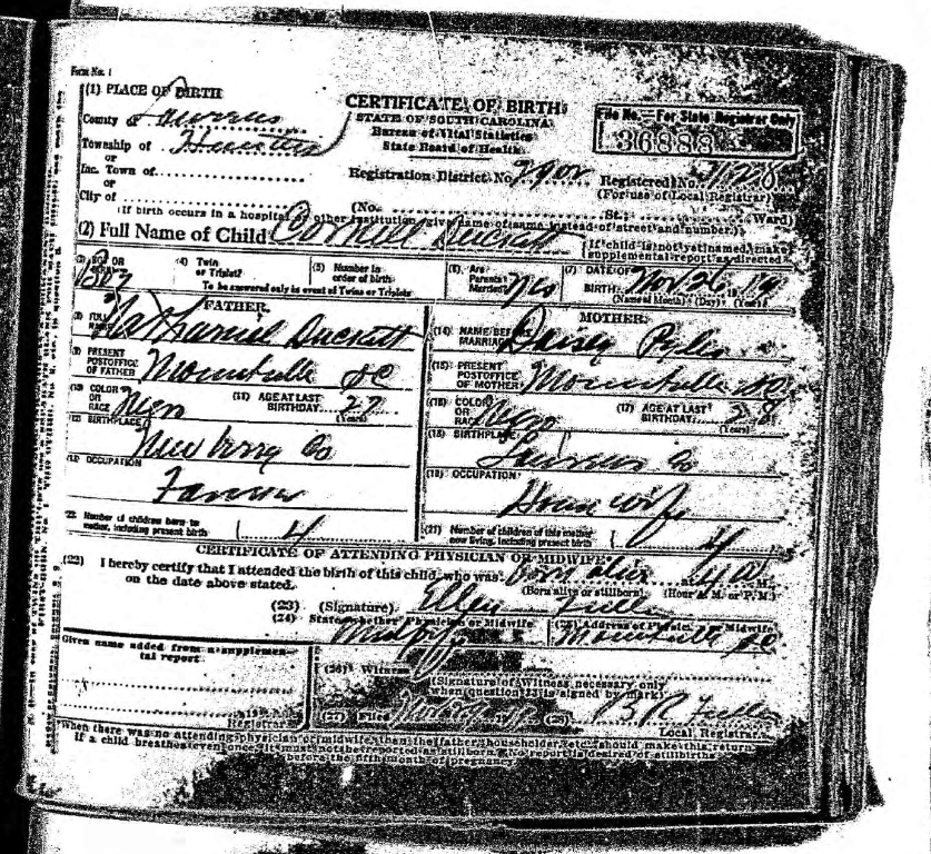 1919 Birth Certificate for Cornell DUCKETT