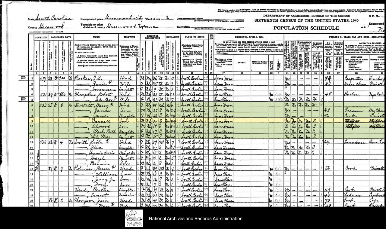 1940 Census Record of Household of Daisy PYLES DUCKETT